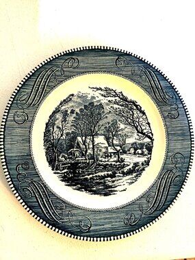 Currier & Ives The Old Grist Mill Blue White Vintage Dinner Plate 10 Inch Made I